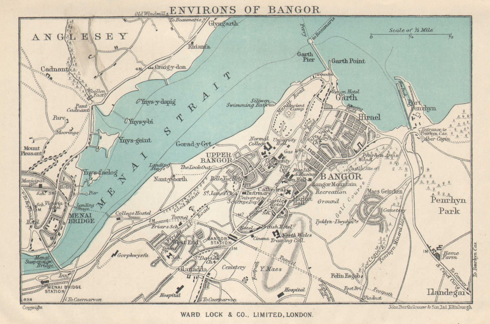 BANGOR vintage tourist town city plan. Menai Bridge. Wales. WARD LOCK 1951 map